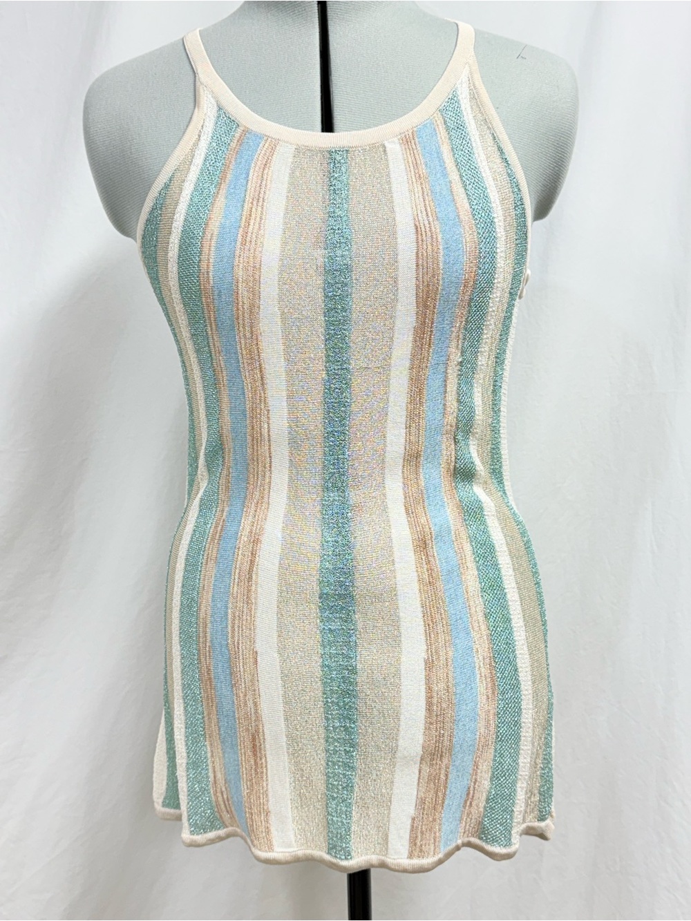 White House Black Market Striped Halter Mini Dress in Cream, Blue & Tan